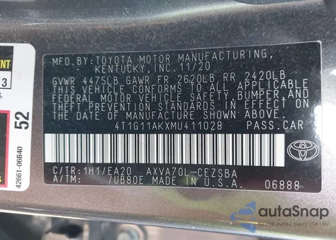 2021 Toyota Camry Se z USA, uszkodzony, nr VIN 4T1G11AKXMU411028